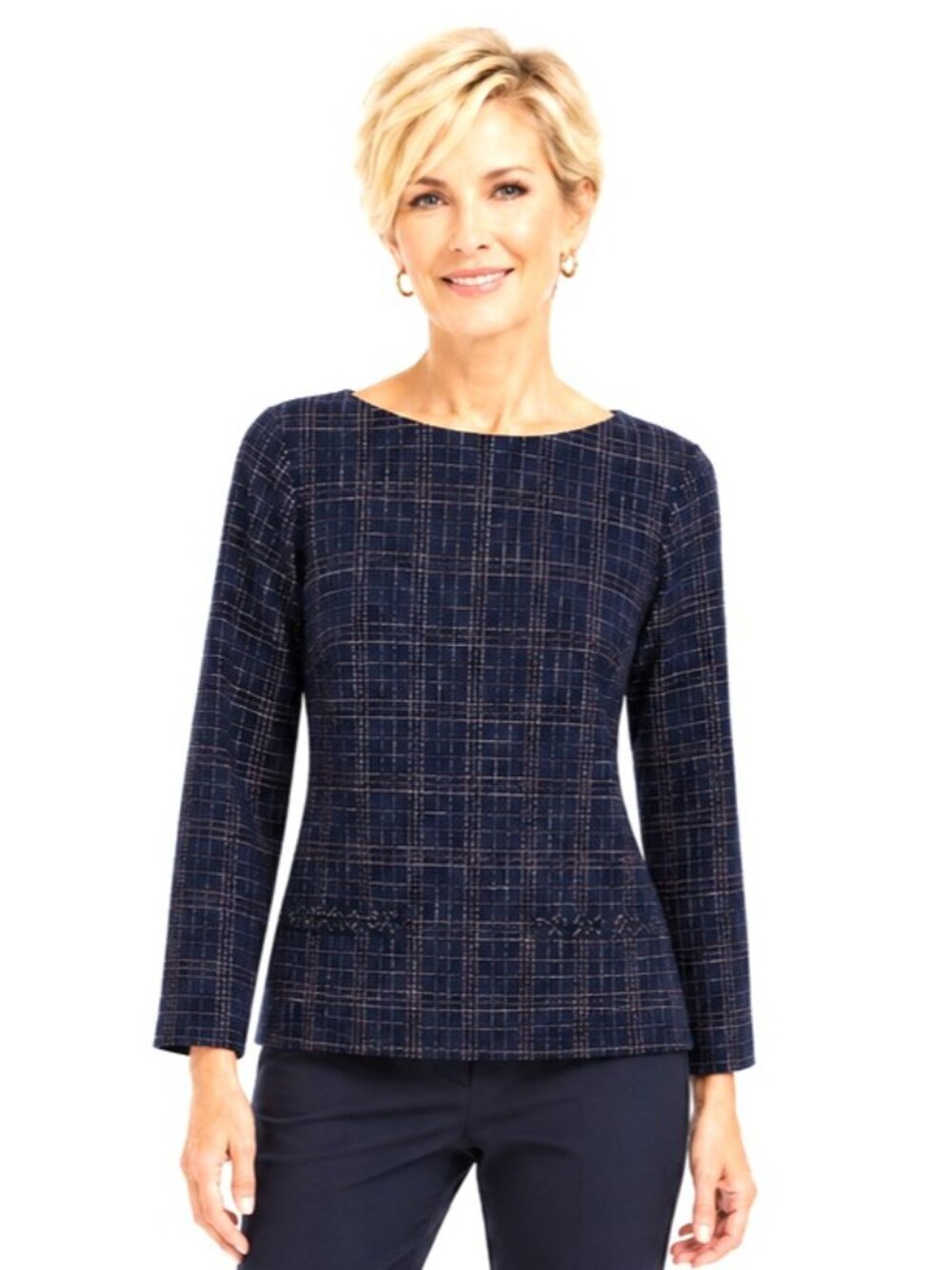Worth New York Navy Blue Crosshatch Boatneck Top